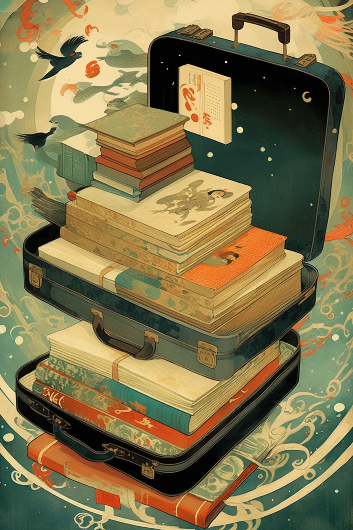 <lora:Victo Ngai Style:1>Victo Ngai Style - by Victto Ngai, an old suitcase and old books